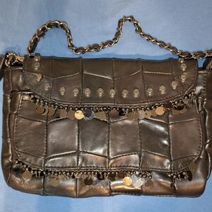 Black Leather Quilted Crossbody Purse with Chain Strap, Skulls and Disc Fringe